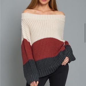 NWT Women’s Colorblock Beige Burgundy Charcoal Off-Shoulder Sweater Top